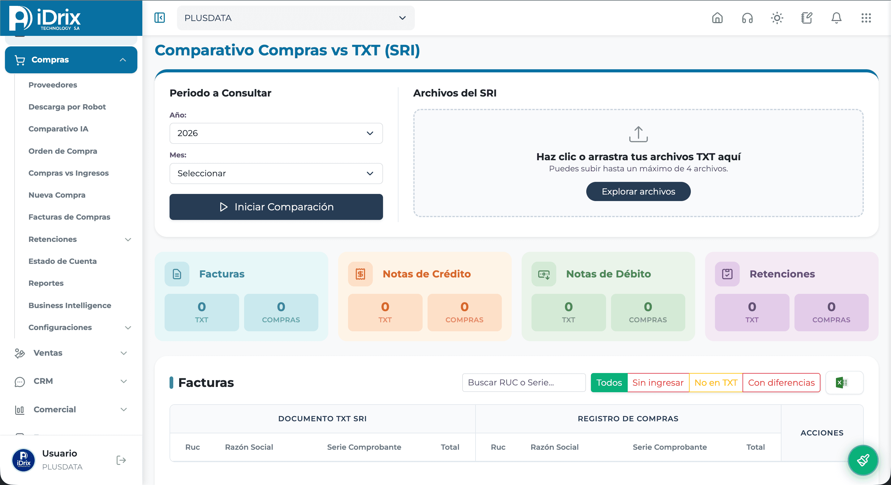 Pantalla de compras en iDrix Contable para comparativo SRI con tarjetas de facturas, notas de crédito, notas de débito y retenciones