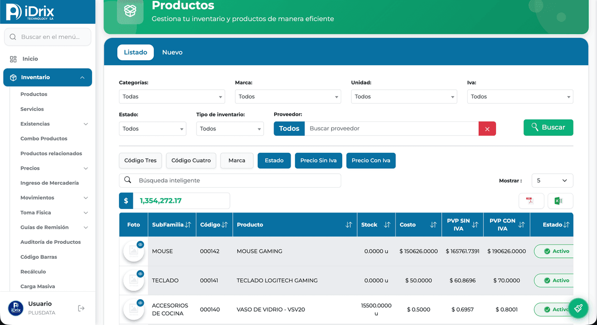Interfaz moderna de inventario en iDrix Contable para empresas en Ecuador