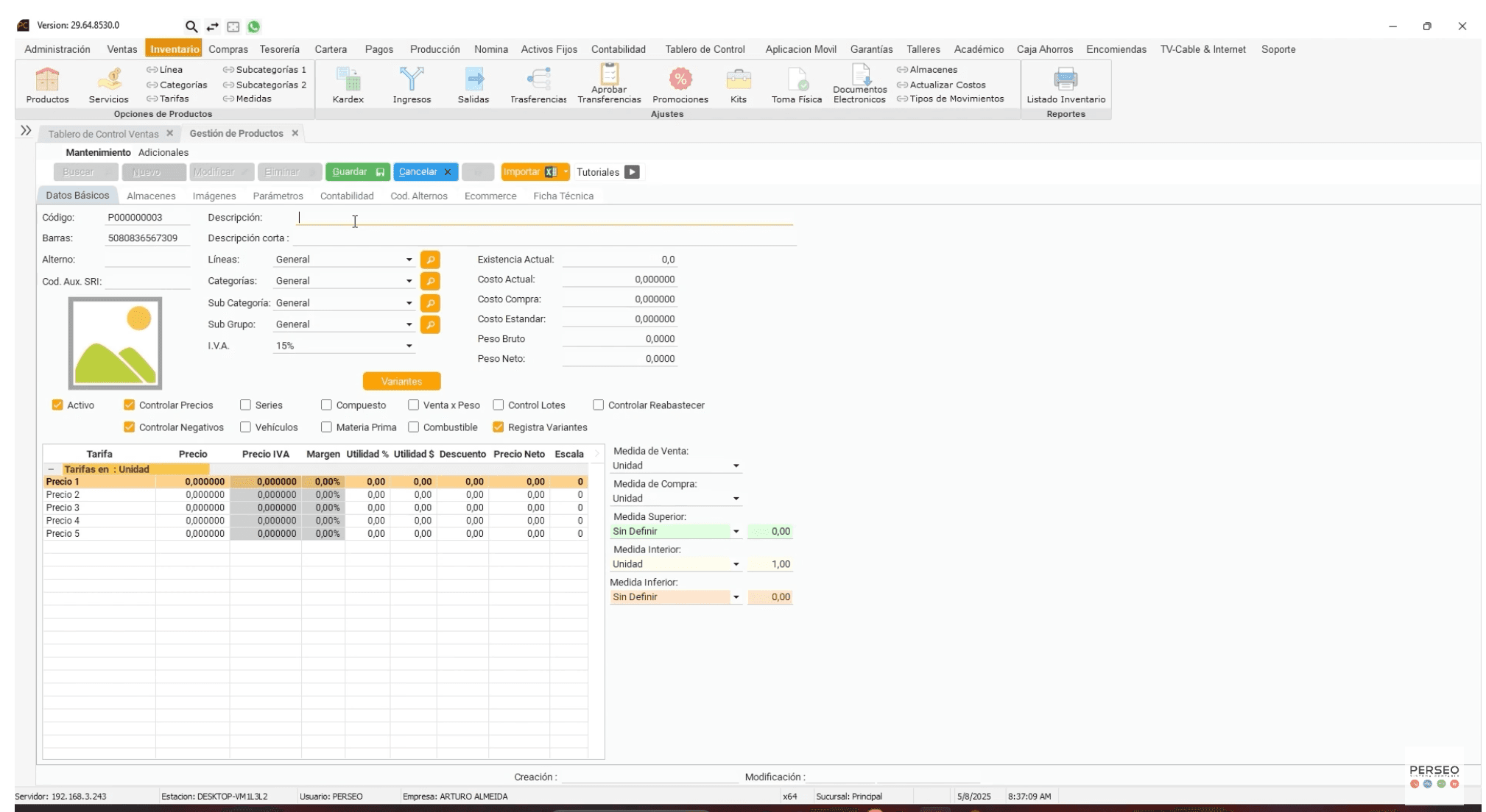 Pantalla de inventario en PERSEO con menú superior, panel lateral y formulario de productos