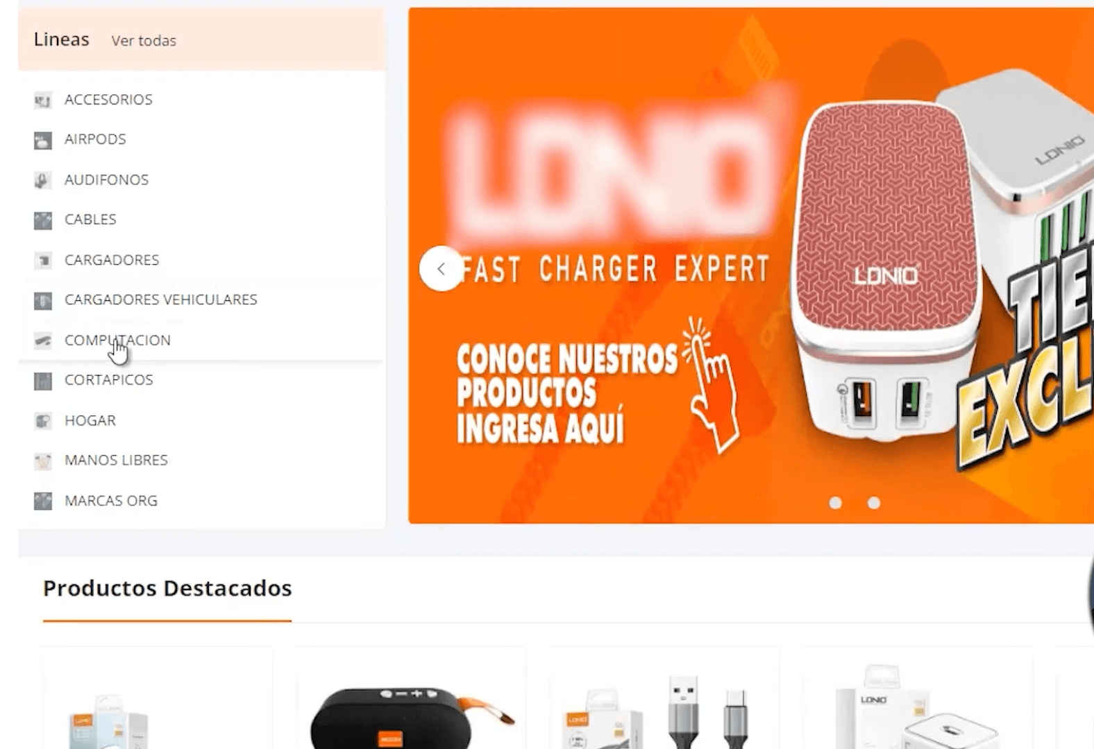Pantalla ecommerce conectada a PERSEO con categorías laterales y banner promocional