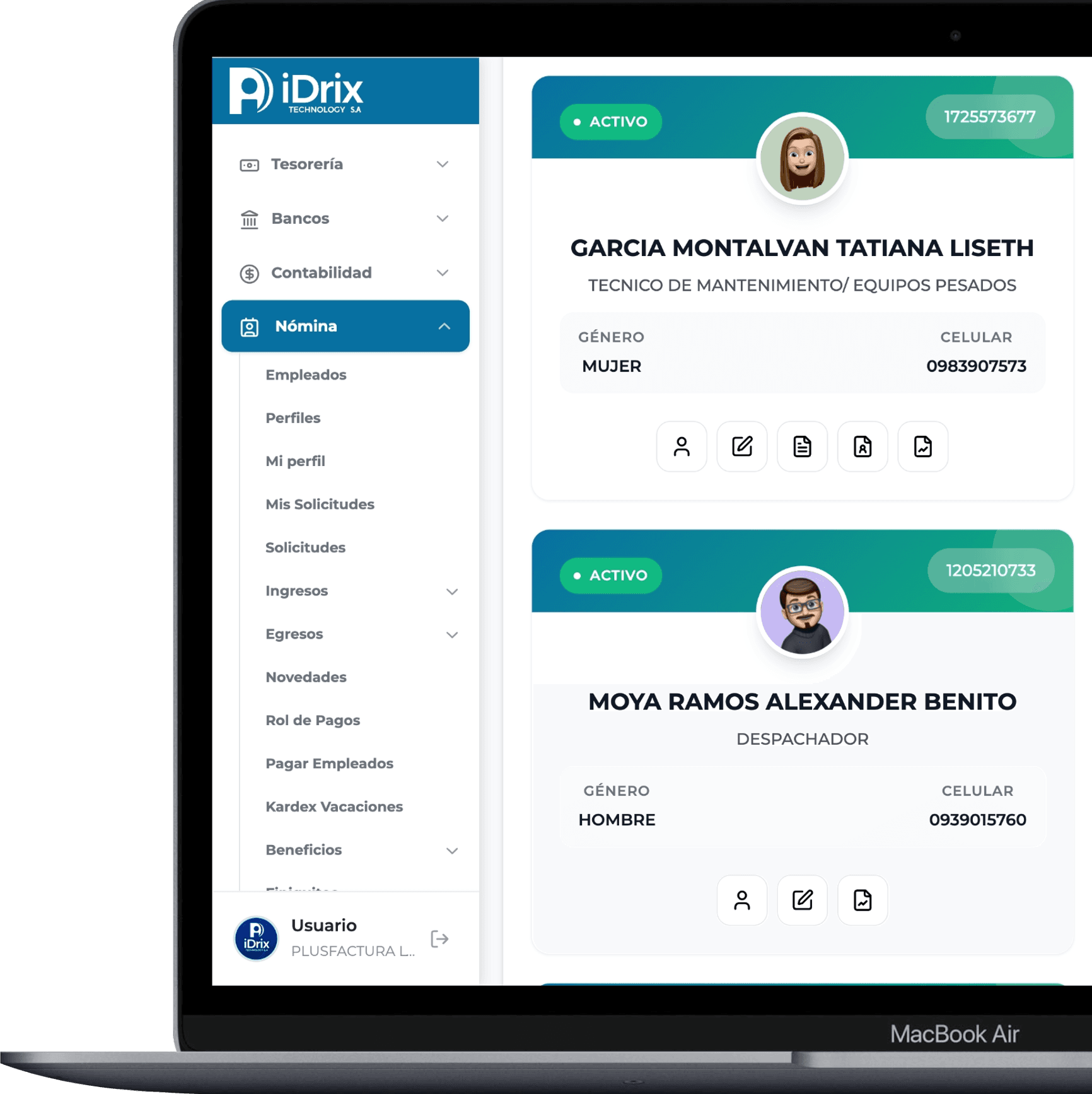 Vista de empleados y perfiles de nómina en iDrix