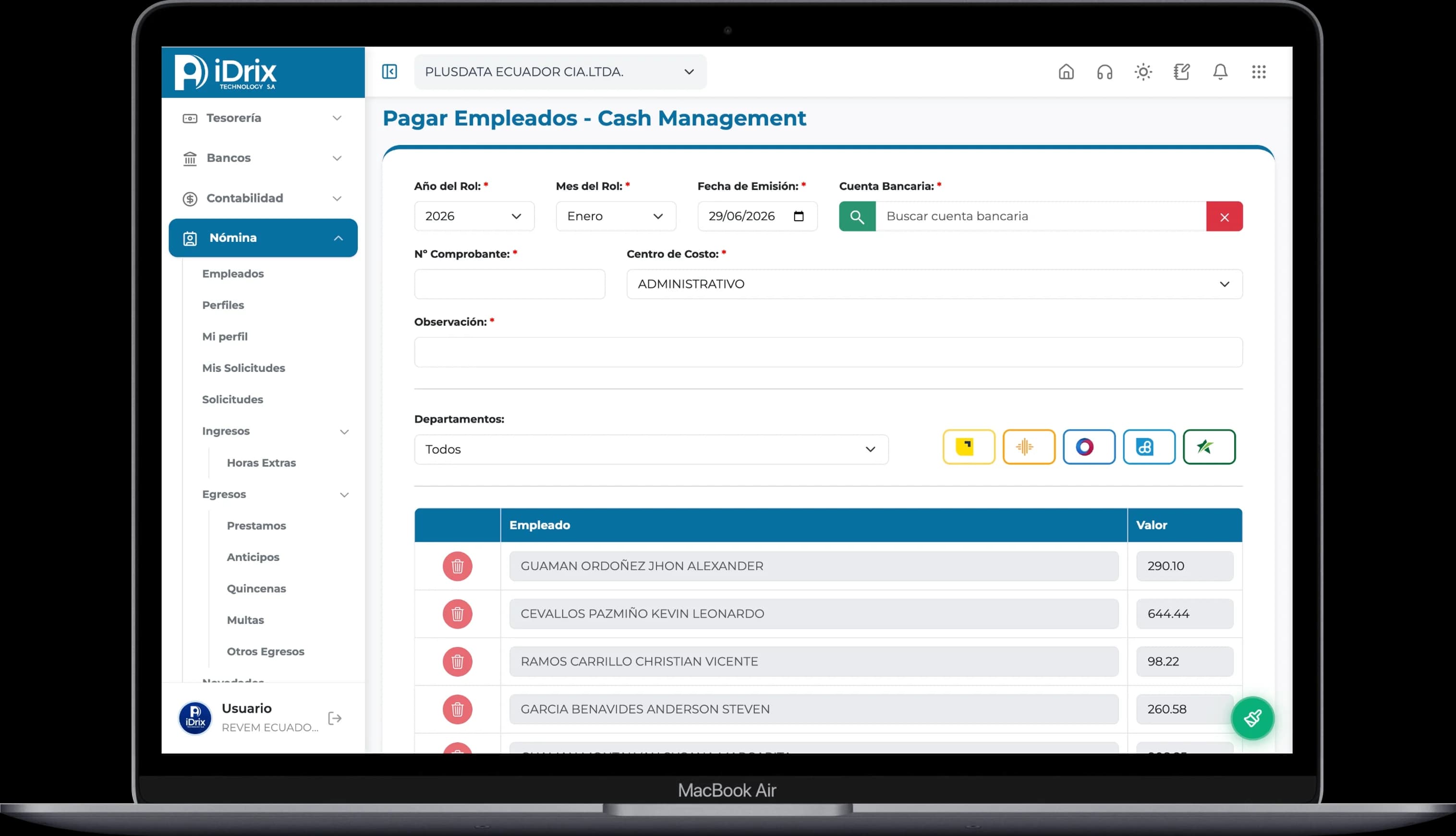Cash Management para pagar empleados desde iDrix Nómina